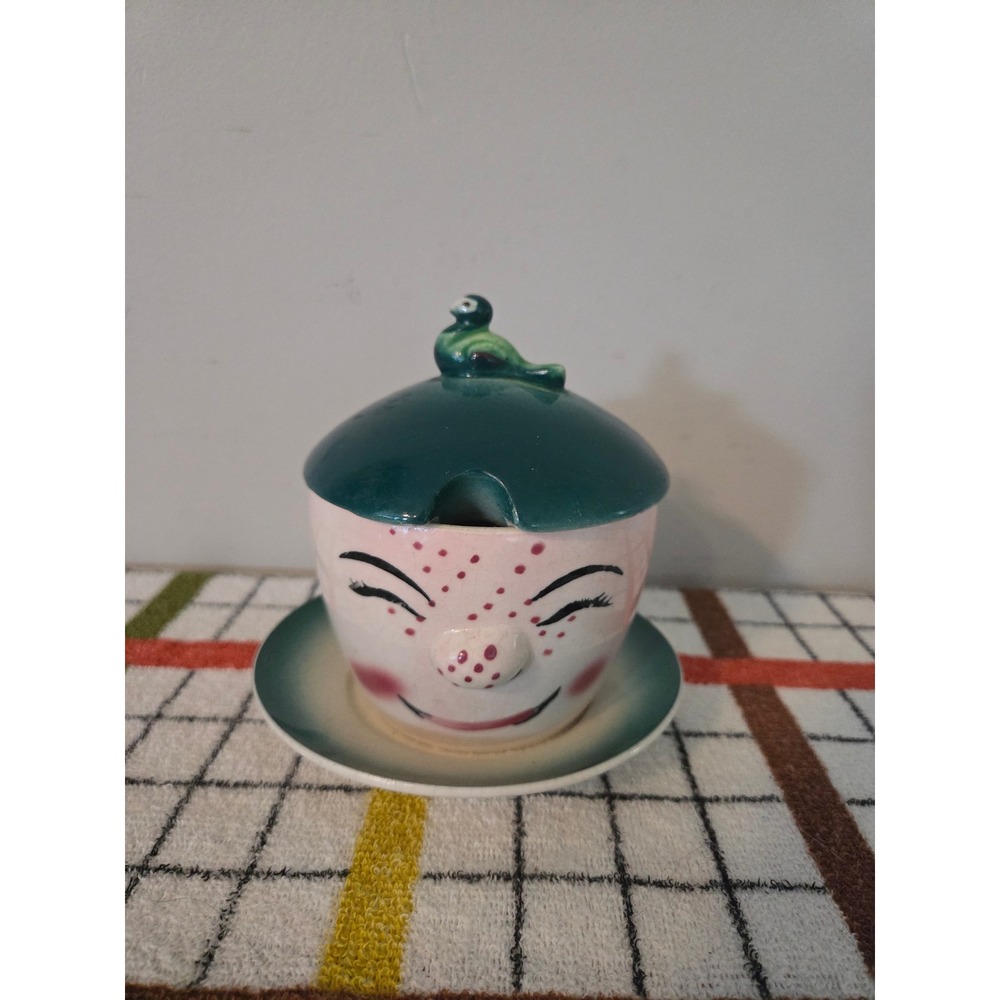 Vintage Ceramic Smiling Face Condiment Jar with Bird Lid and Underplate Teal